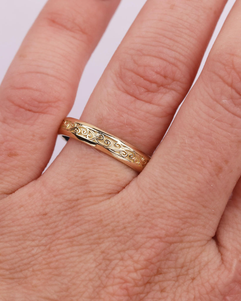 4mm Vintage Filigree Wedding Band, 14K Yellow Gold Engraved Wedding Ring, Nature Inspired Groom Ring, Men's Engagement Ring, Rings for Him image #10