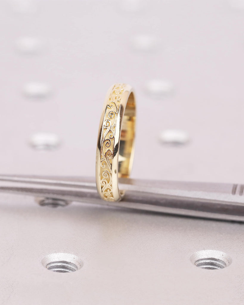 4mm Vintage Filigree Wedding Band, 14K Yellow Gold Engraved Wedding Ring, Nature Inspired Groom Ring, Men's Engagement Ring, Rings for Him image #6