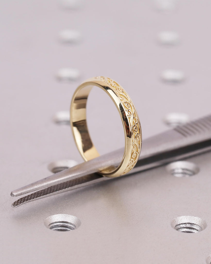 4mm Vintage Filigree Wedding Band, 14K Yellow Gold Engraved Wedding Ring, Nature Inspired Groom Ring, Men's Engagement Ring, Rings for Him image #8