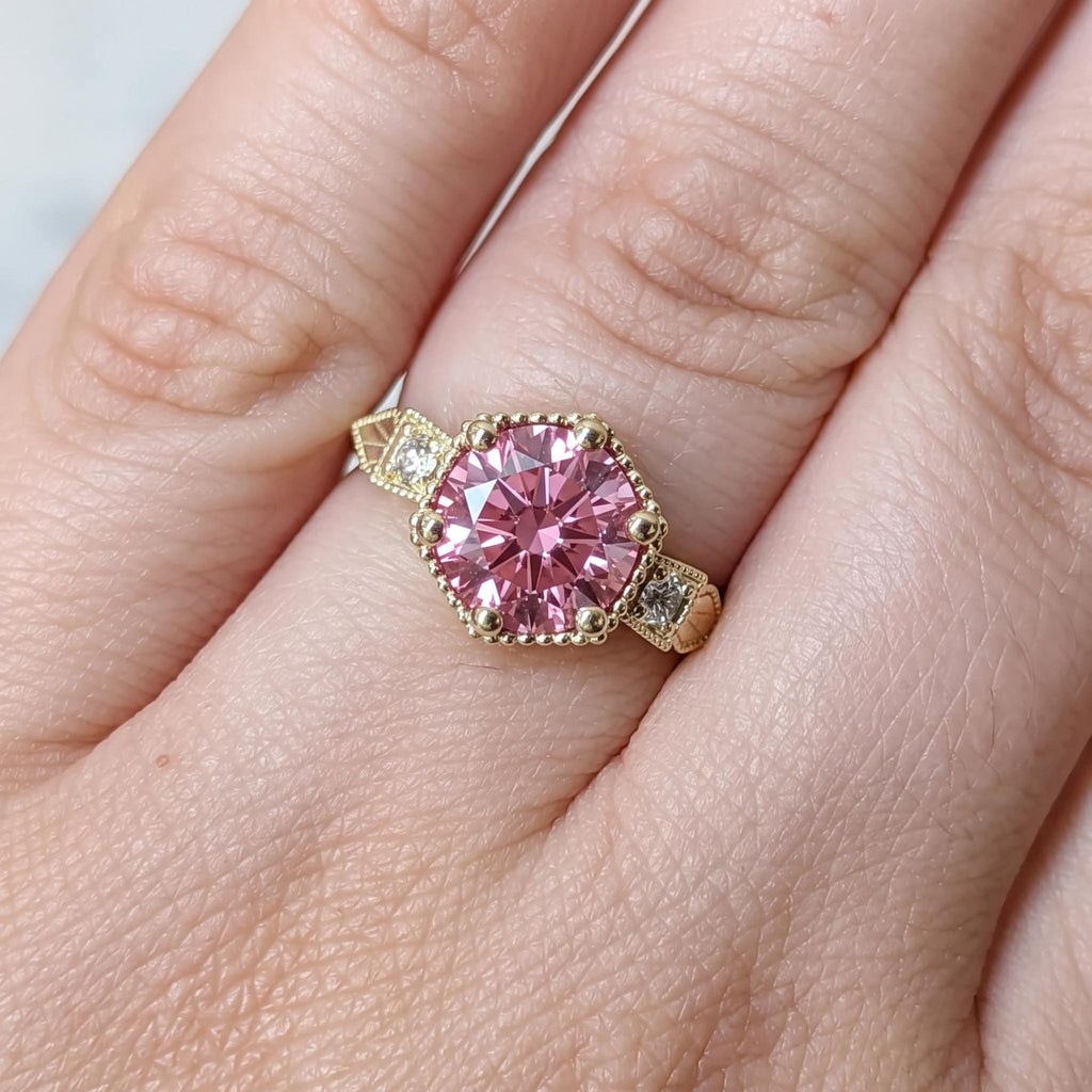 Pink Diamond 14k Yellow Gold Promise Ring | Victorian Bezel Ring | Custom Engagement Ring Gift for Her image #1