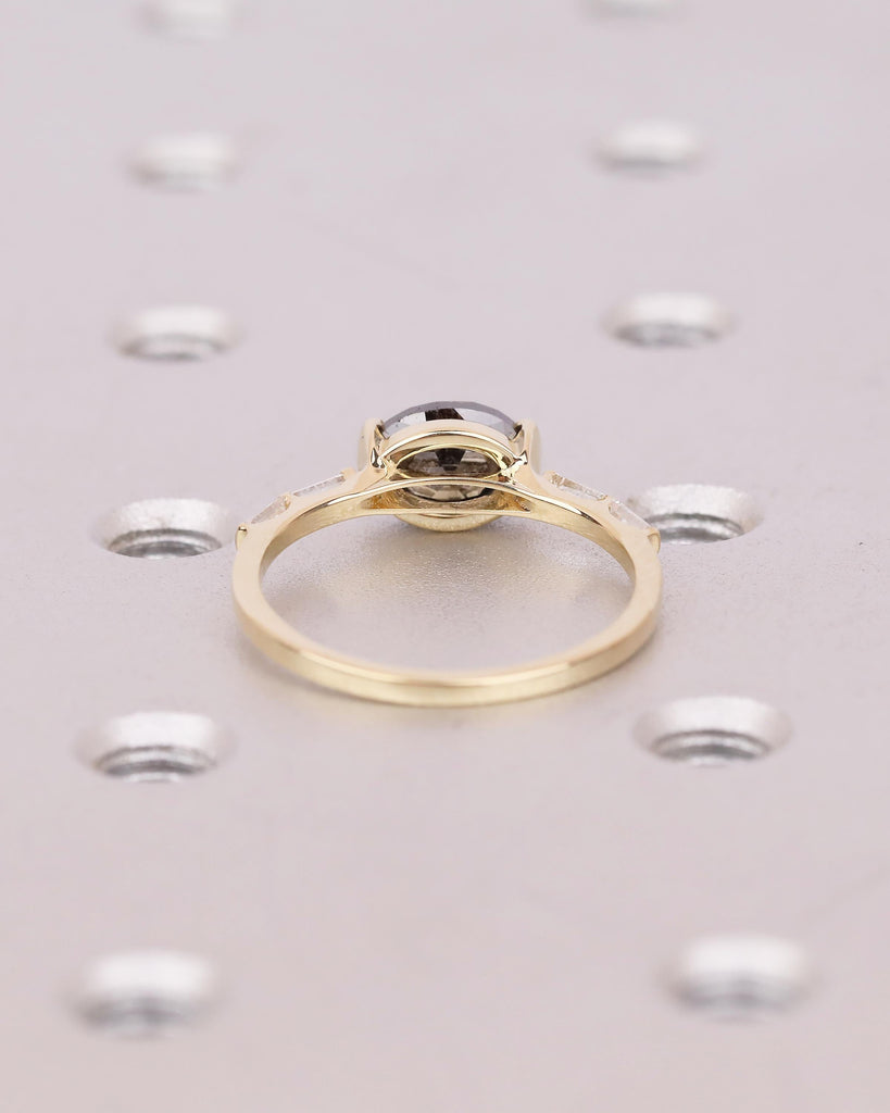 East West Engagement Ring, 14k Yellow Gold Oval Salt and Pepper Diamond Ring, Baguette Accents, Wedding Anniversary Rings, Handmade Jewelry image #5
