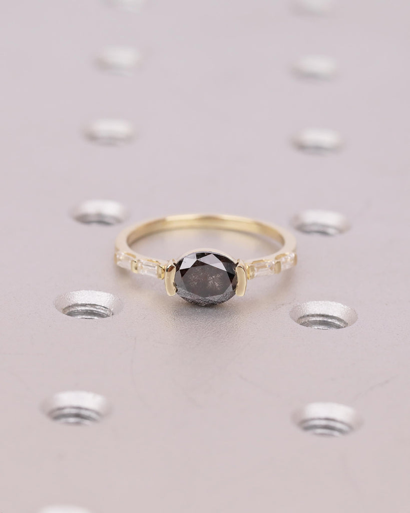 East West Engagement Ring, 14k Yellow Gold Oval Salt and Pepper Diamond Ring, Baguette Accents, Wedding Anniversary Rings, Handmade Jewelry image #2