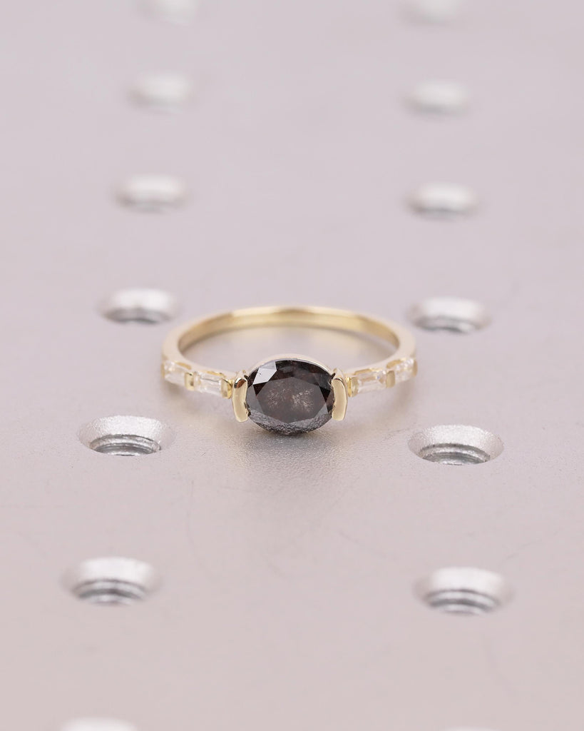 East West Engagement Ring, 14k Yellow Gold Oval Salt and Pepper Diamond Ring, Baguette Accents, Wedding Anniversary Rings, Handmade Jewelry image #7