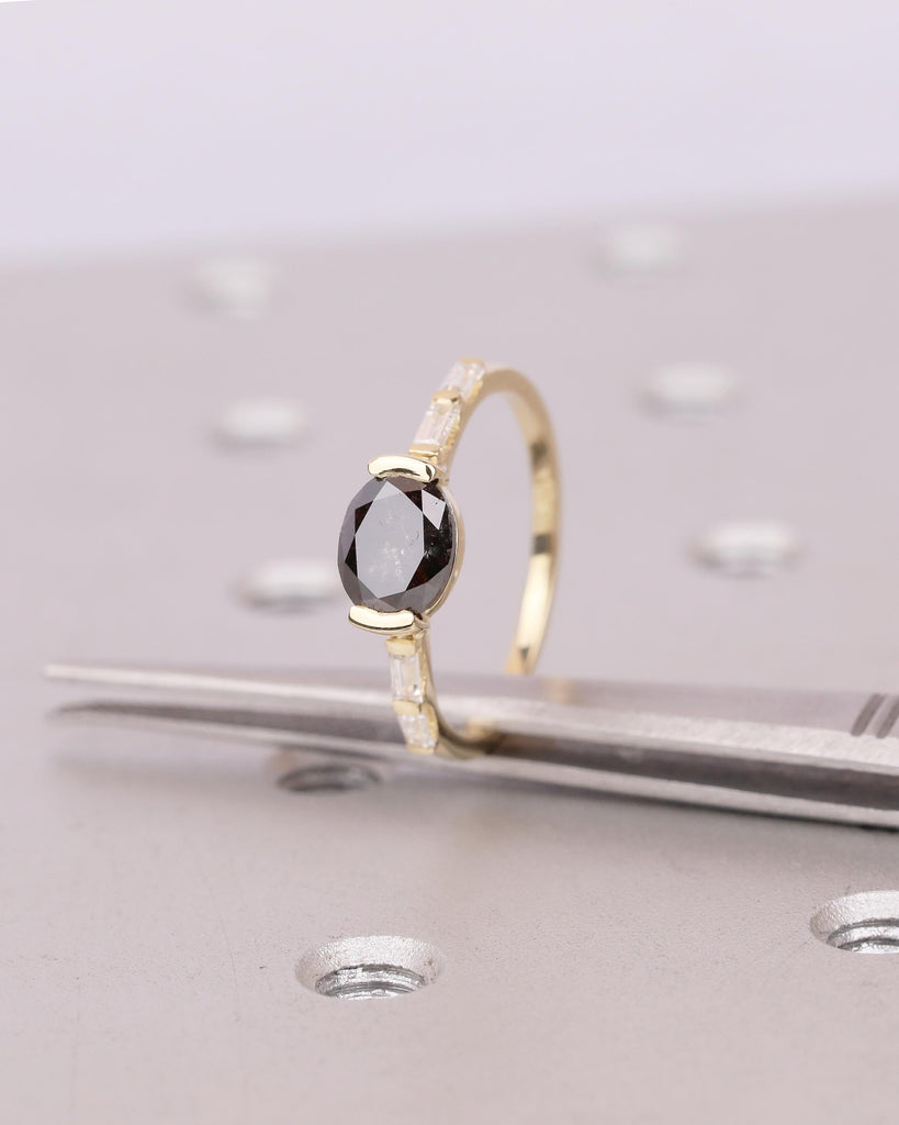 East West Engagement Ring, 14k Yellow Gold Oval Salt and Pepper Diamond Ring, Baguette Accents, Wedding Anniversary Rings, Handmade Jewelry image #17