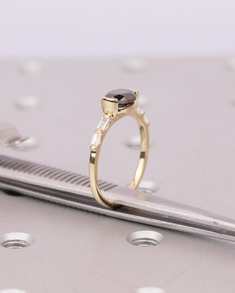 East West Engagement Ring, 14k Yellow Gold Oval Salt and Pepper Diamond Ring, Baguette Accents, Wedding Anniversary Rings, Handmade Jewelry image #4