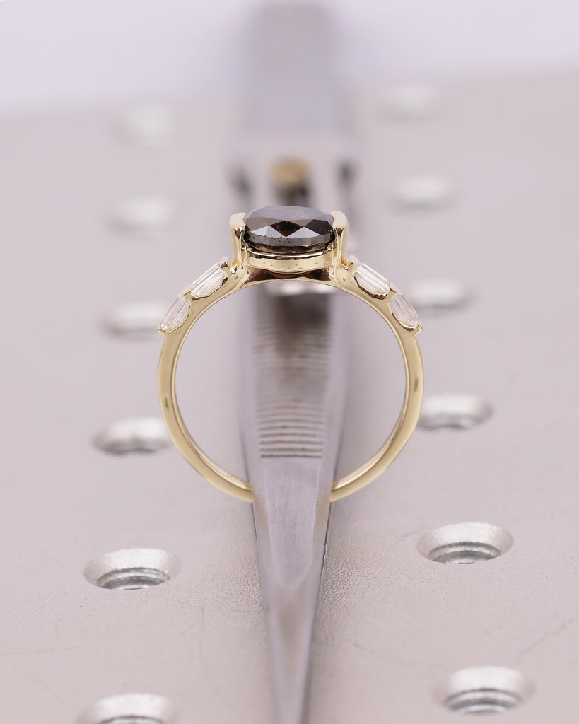 East West Engagement Ring, 14k Yellow Gold Oval Salt and Pepper Diamond Ring, Baguette Accents, Wedding Anniversary Rings, Handmade Jewelry image #6