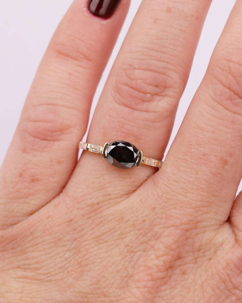 East West Engagement Ring, 14k Yellow Gold Oval Salt and Pepper Diamond Ring, Baguette Accents, Wedding Anniversary Rings, Handmade Jewelry image #18