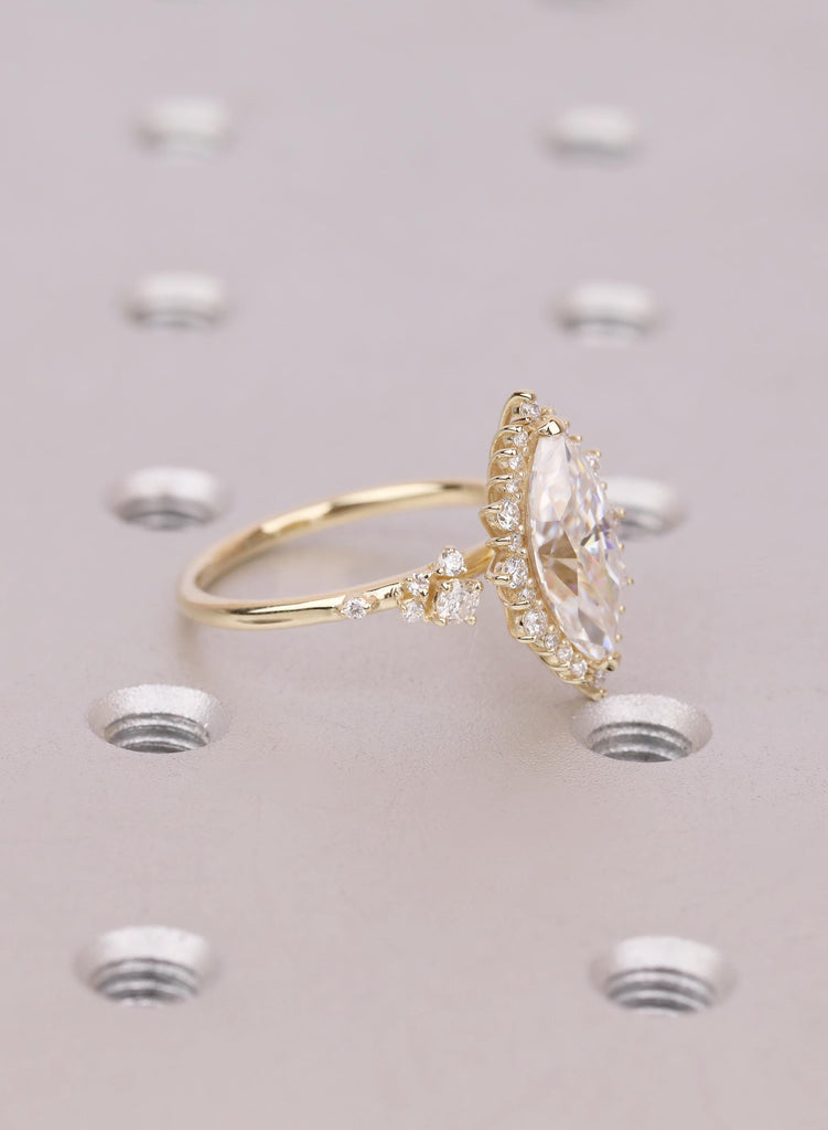 14K Yellow Gold Marquise Moissanite Halo Engagement Ring, Sparkly Cluster Statement Ring, Luxurious Unique Wedding Jewelry For Women image #3