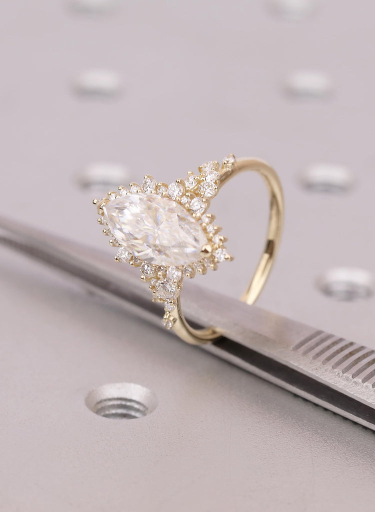 14K Yellow Gold Marquise Moissanite Halo Engagement Ring, Sparkly Cluster Statement Ring, Luxurious Unique Wedding Jewelry For Women image #10