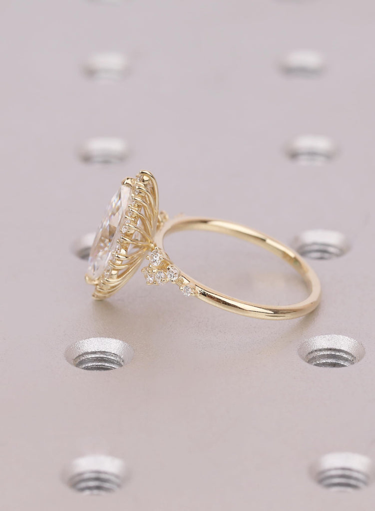 14K Yellow Gold Marquise Moissanite Halo Engagement Ring, Sparkly Cluster Statement Ring, Luxurious Unique Wedding Jewelry For Women image #6