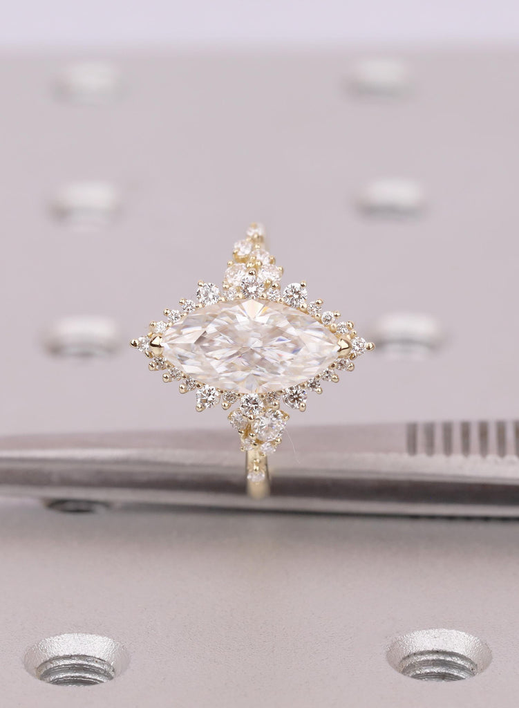 14K Yellow Gold Marquise Moissanite Halo Engagement Ring, Sparkly Cluster Statement Ring, Luxurious Unique Wedding Jewelry For Women image #11