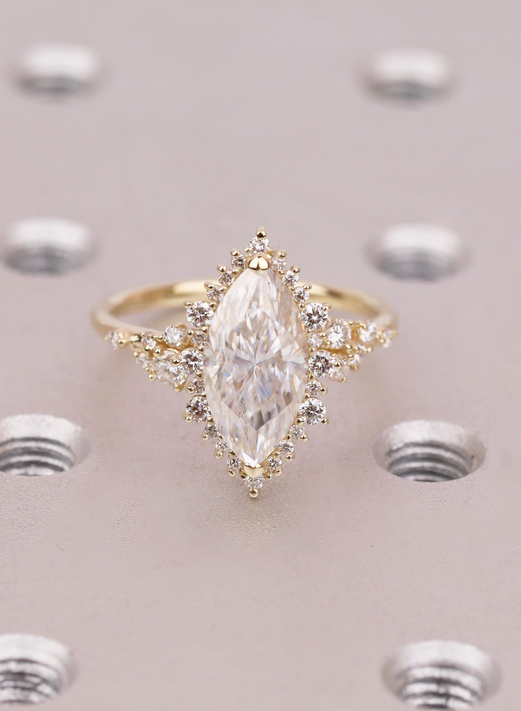 14K Yellow Gold Marquise Moissanite Halo Engagement Ring, Sparkly Cluster Statement Ring, Luxurious Unique Wedding Jewelry For Women image #1