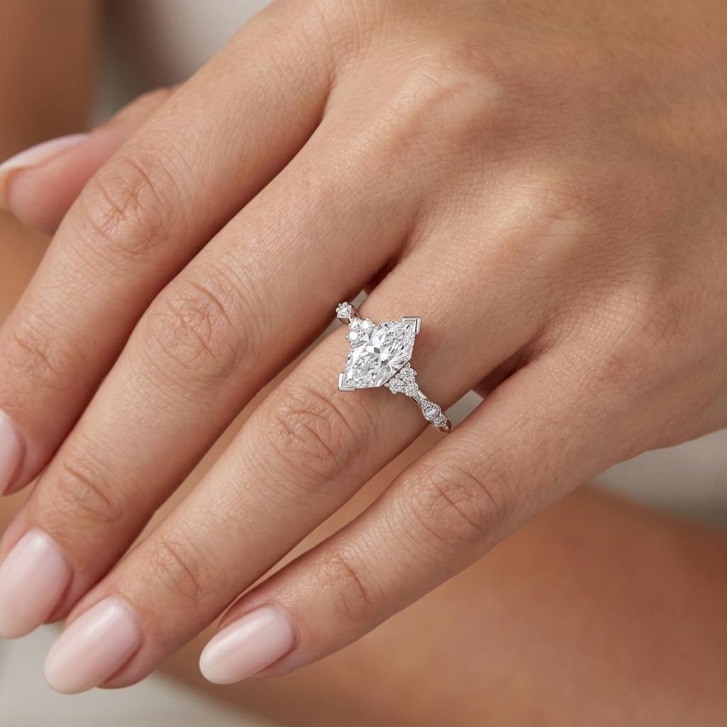 Dutch Marquise Engagement Ring, V-Prong 14k White Gold Moissanite Rings, Milgrain Diamond Cluster, Art Deco Wedding Anniversary Jewelry image #2