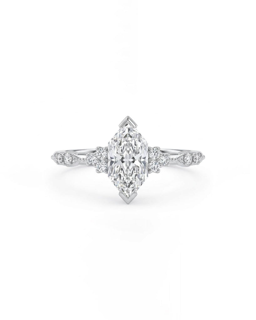 Vintage Dutch Marquise Lab Created Diamond Engagement Ring, Unique 14k White Gold Promise Ring for Her, Personalized Handmade Bridal Jewelry image #1