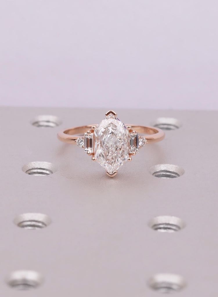 Moissanite Dutch Marquise Ring, 14K Rose Gold Moissanite Ring, Round Baguettes Diamond Engagement Ring For Her, Wedding Promise Ring image #3