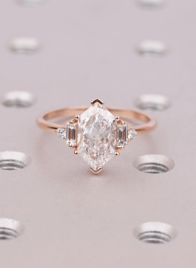 14K Rose Gold Dutch Marquise Moissanite Engagement Ring, Baguette Round Side Stones, Bridal Jewelry image #5