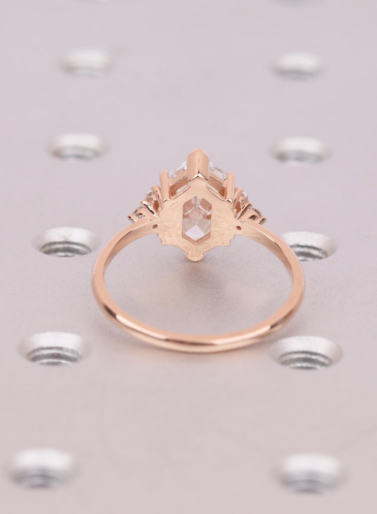 14K Rose Gold Dutch Marquise Moissanite Engagement Ring, Baguette Round Side Stones, Bridal Jewelry image #6