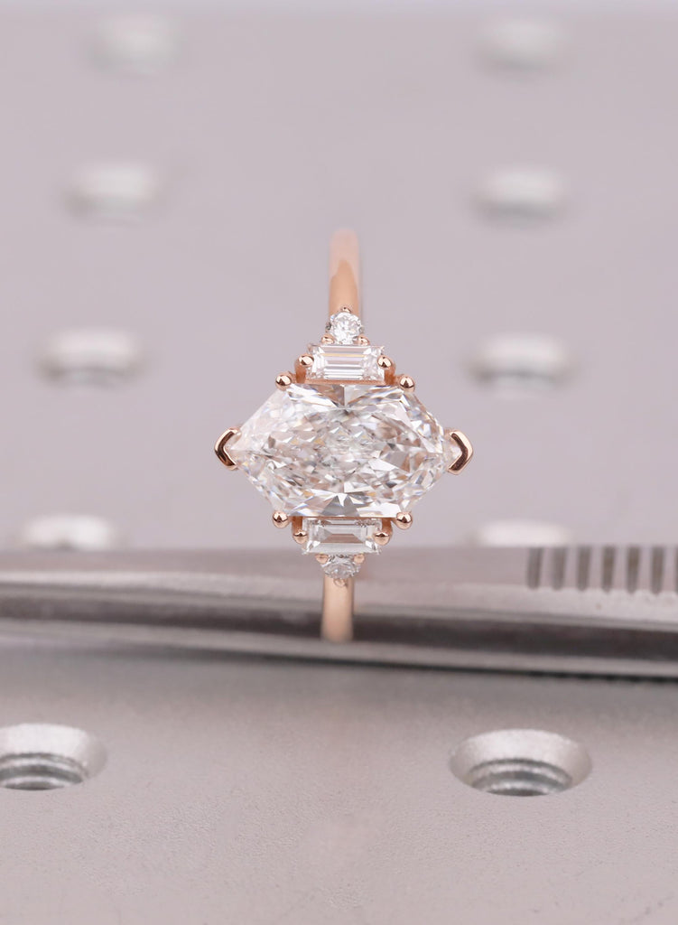 14K Rose Gold Dutch Marquise Moissanite Engagement Ring, Baguette Round Side Stones, Bridal Jewelry image #9