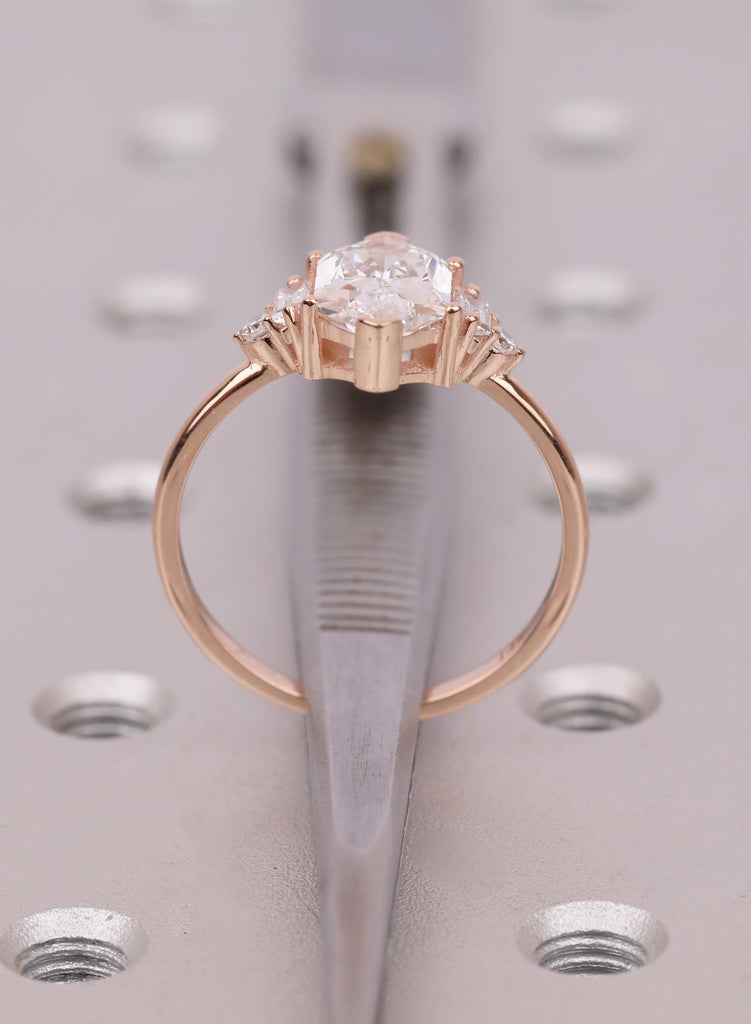 14K Rose Gold Dutch Marquise Moissanite Engagement Ring, Baguette Round Side Stones, Bridal Jewelry image #14