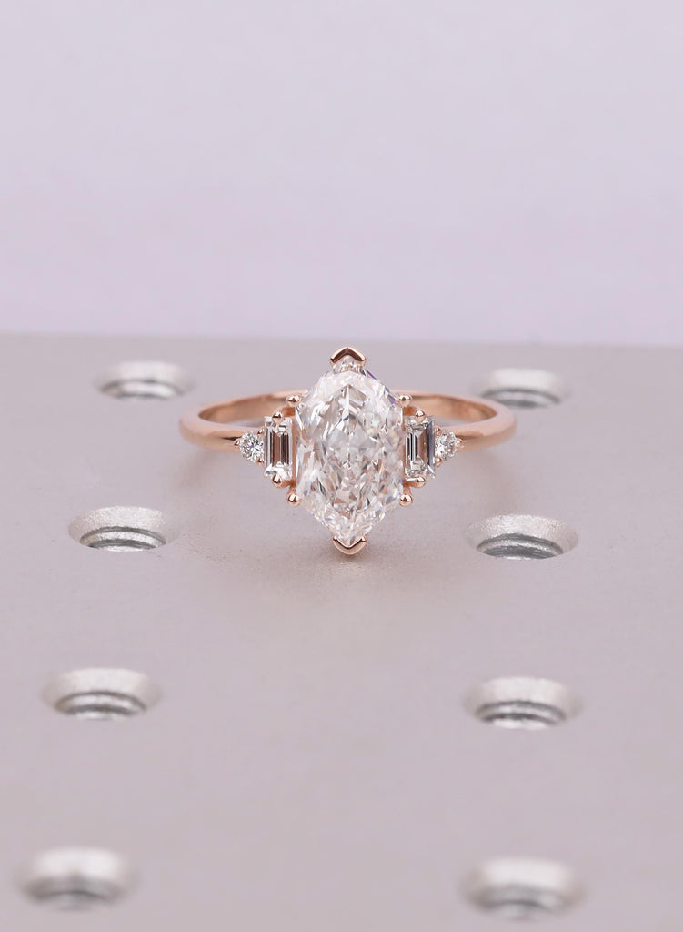 Dutch Marquise Lab Diamond Engagement Ring: IGI Certified, 14K Rose Gold, Round Baguette Side Diamond, Vintage Wedding Jewelry image #1