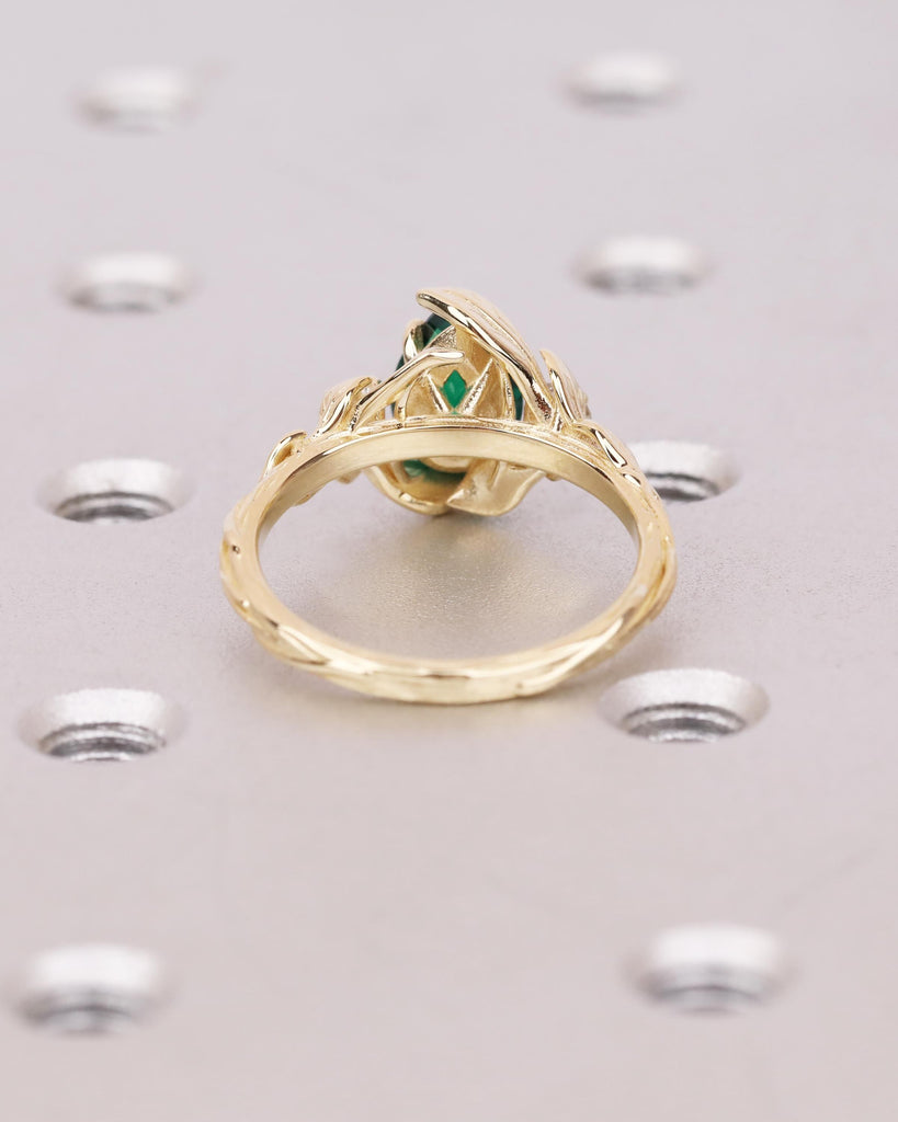 Pear Shaped Green Emerald 14K Solid Gold Engagement Ring | Vine Branch Leaves Band | Three Stone Ring | Nature Promise Ring | May Birthstone image #13