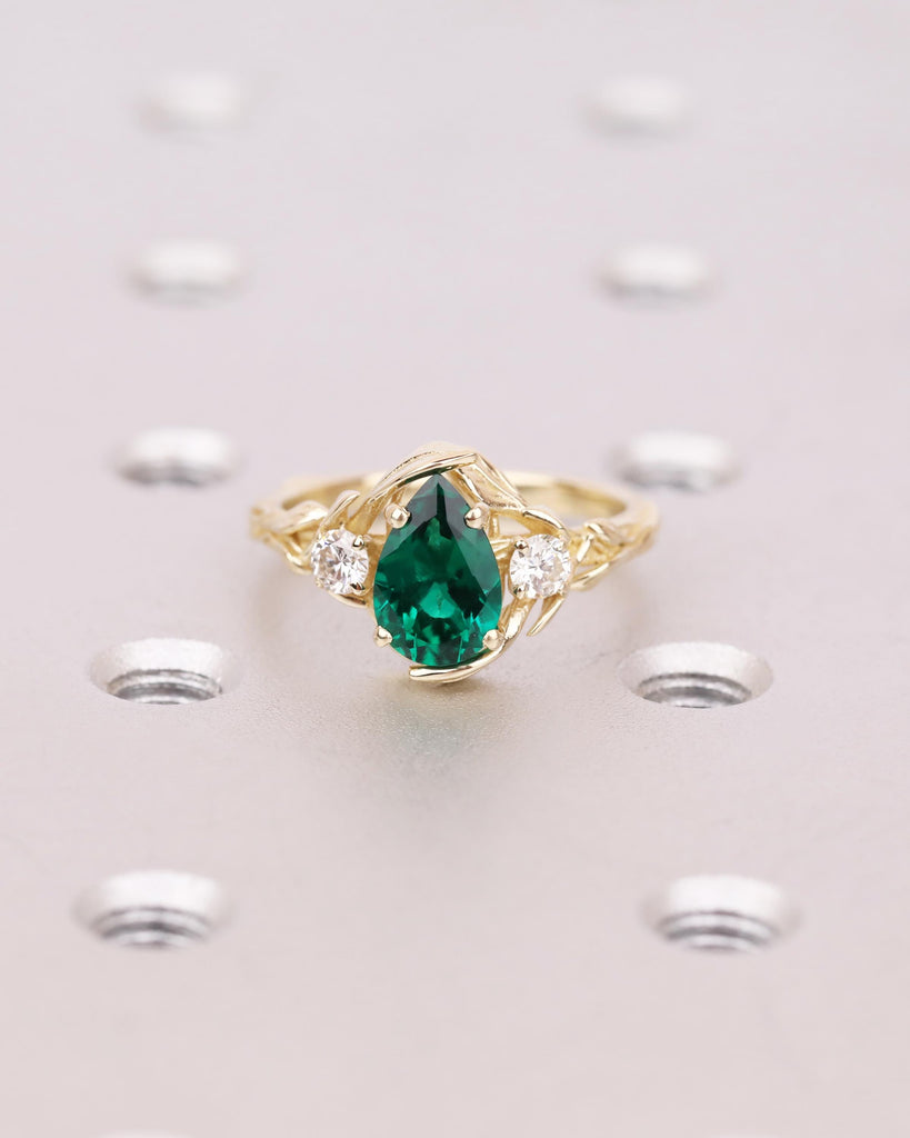 Pear Shaped Green Emerald 14K Solid Gold Engagement Ring | Vine Branch Leaves Band | Three Stone Ring | Nature Promise Ring | May Birthstone image #4