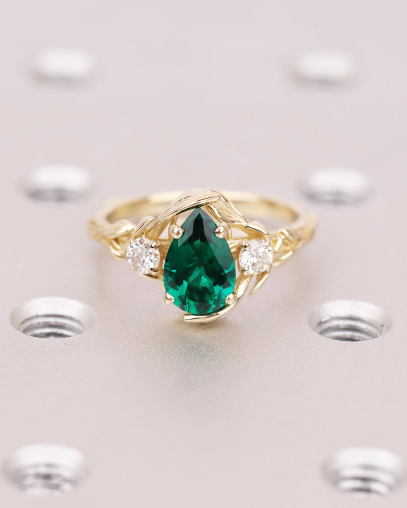Pear Cut Lab Created Green Emerald Ring, Nature Inspired Vine Branch Leaf Ring, Unique Wedding Ring image #5