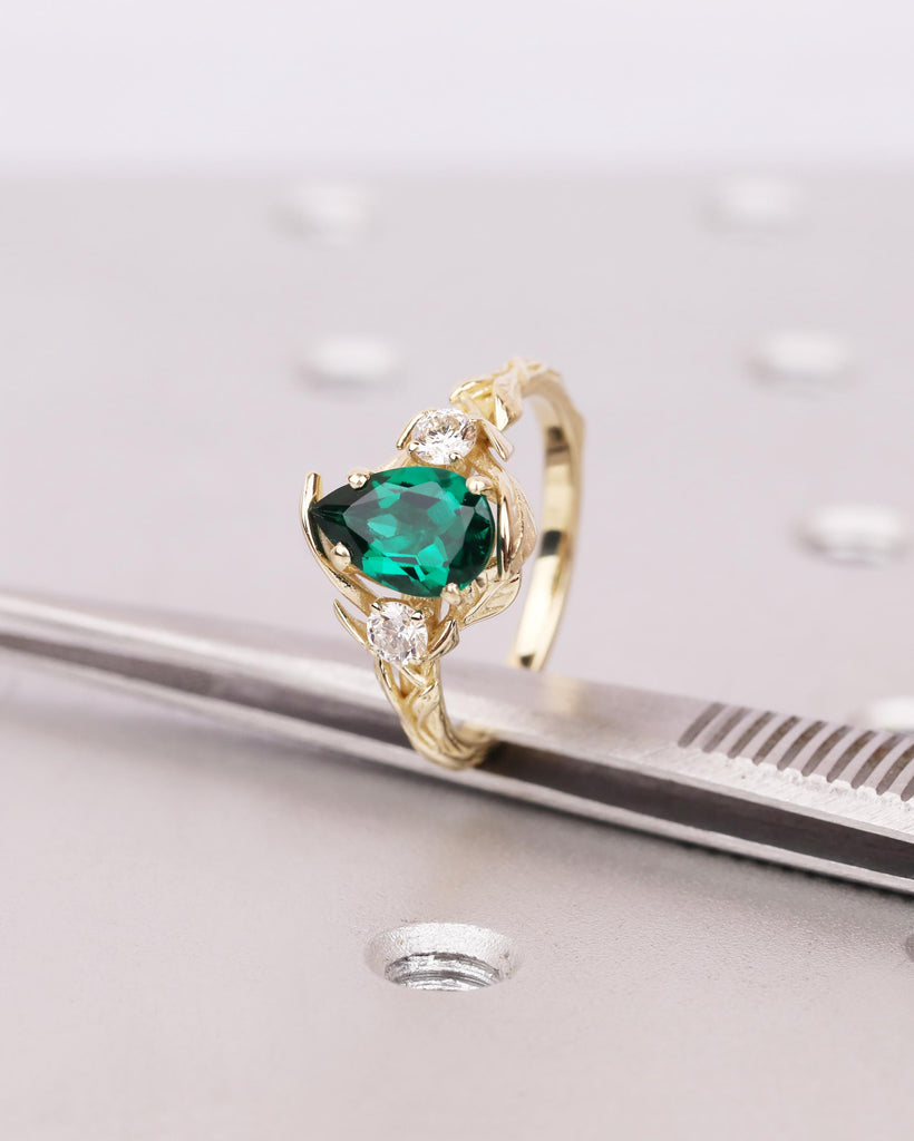 Pear Shaped Green Emerald 14K Solid Gold Engagement Ring | Vine Branch Leaves Band | Three Stone Ring | Nature Promise Ring | May Birthstone image #6