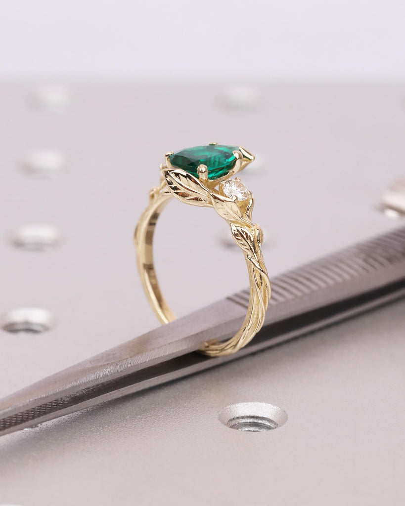 Pear Shaped Green Emerald 14K Solid Gold Engagement Ring | Vine Branch Leaves Band | Three Stone Ring | Nature Promise Ring | May Birthstone image #10
