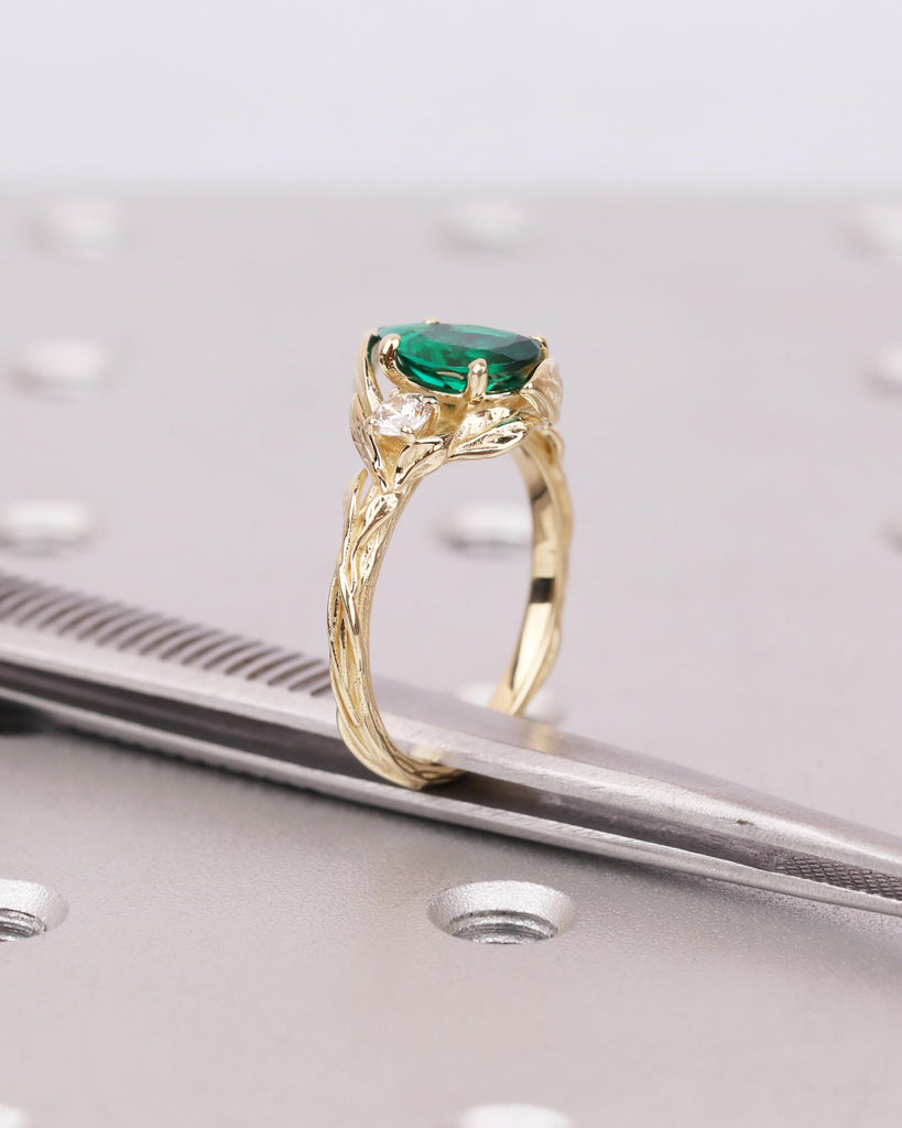 Pear Cut Lab Created Green Emerald Ring, Nature Inspired Vine Branch Leaf Ring, Unique Wedding Ring image #9