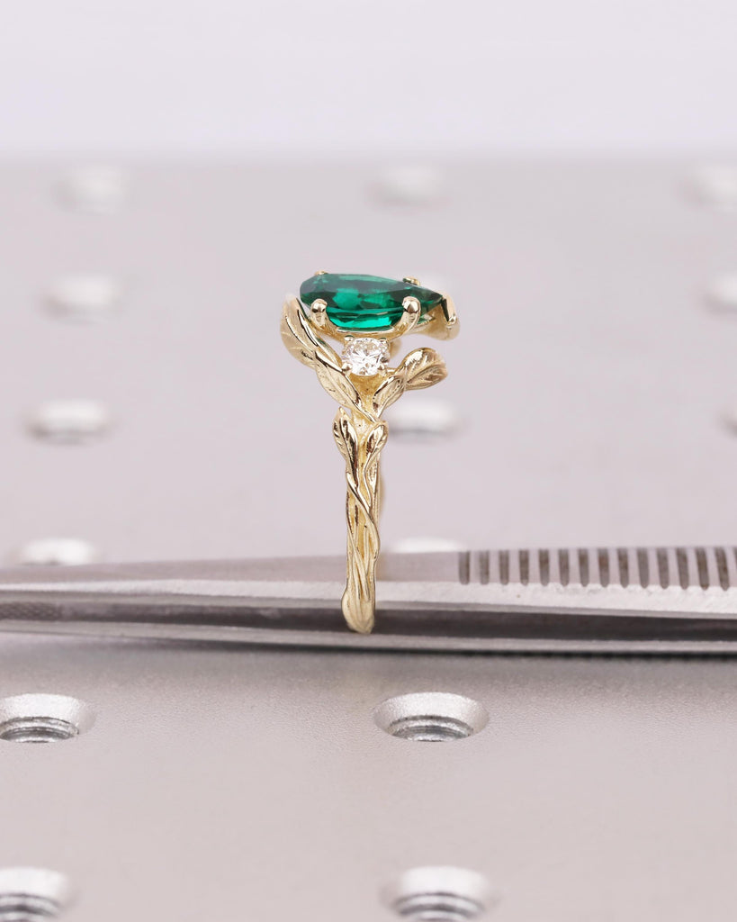 Pear Shaped Green Emerald 14K Solid Gold Engagement Ring | Vine Branch Leaves Band | Three Stone Ring | Nature Promise Ring | May Birthstone image #11