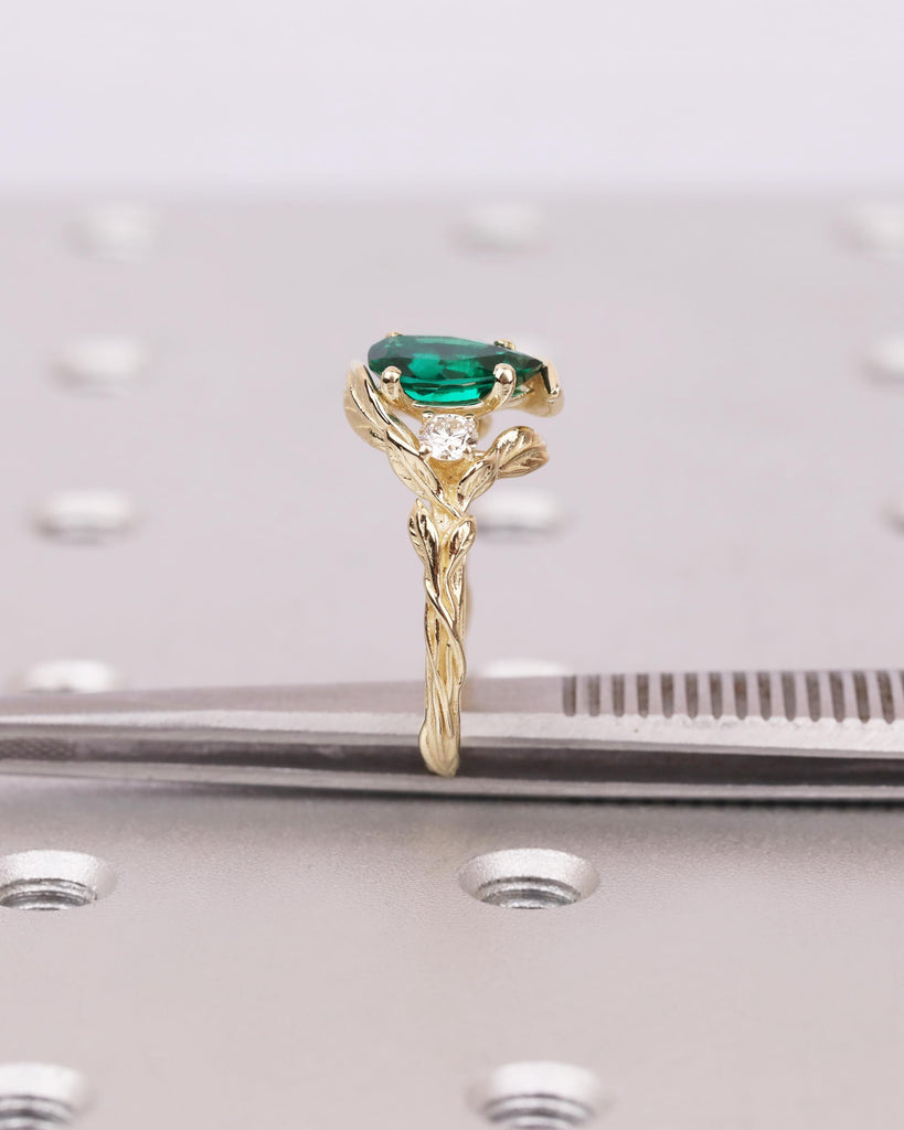 Pear Cut Lab Created Green Emerald Ring, Nature Inspired Vine Branch Leaf Ring, Unique Wedding Ring image #10