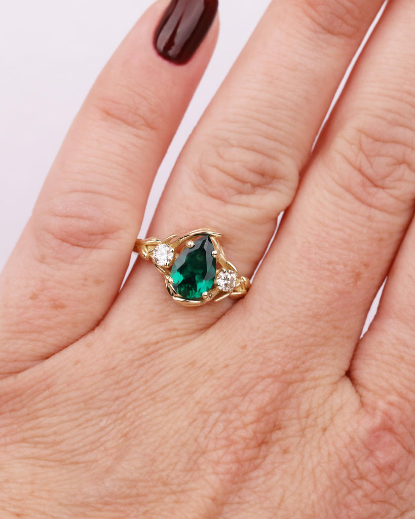 Pear Cut Lab Created Green Emerald Ring, Nature Inspired Vine Branch Leaf Ring, Unique Wedding Ring image #3
