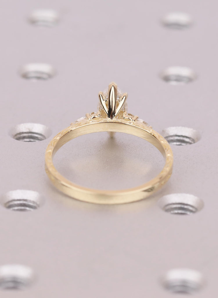 Marquise Moissanite Engagement Ring, 14k Solid Gold, Hidden Halo Ring, Vine Engraved Band, Vintage Jewelry For Woman, Handmade Unique Ring image #5