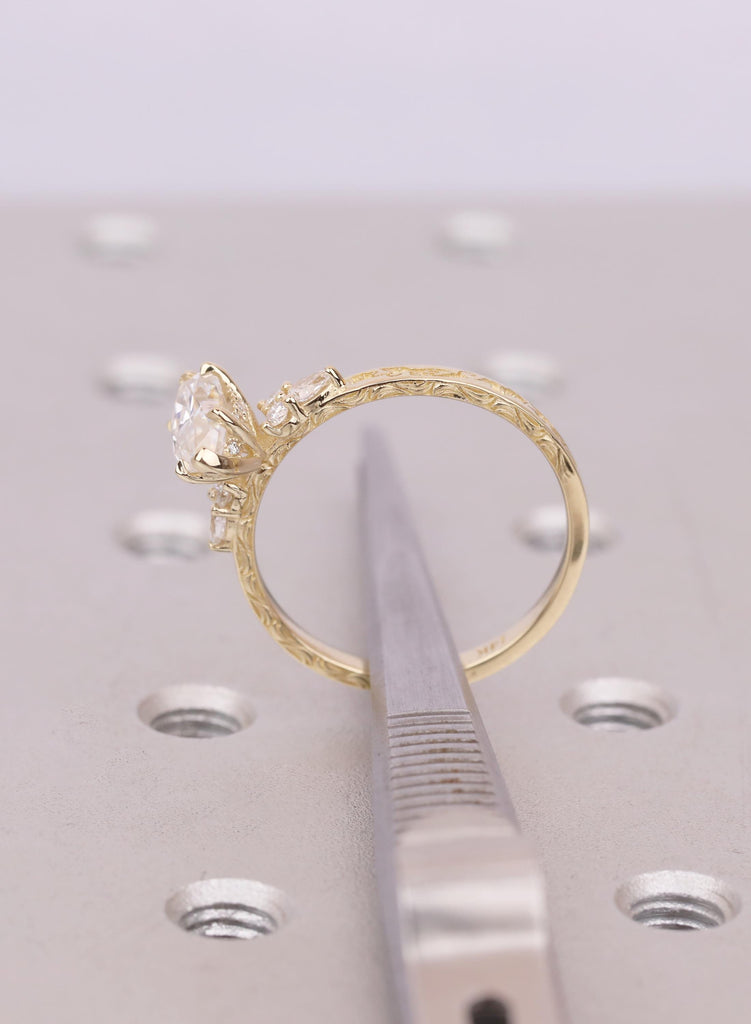 14k Gold Marquise Moissanite Engagement Ring, Hidden Halo, Vine Engraved Band image #9