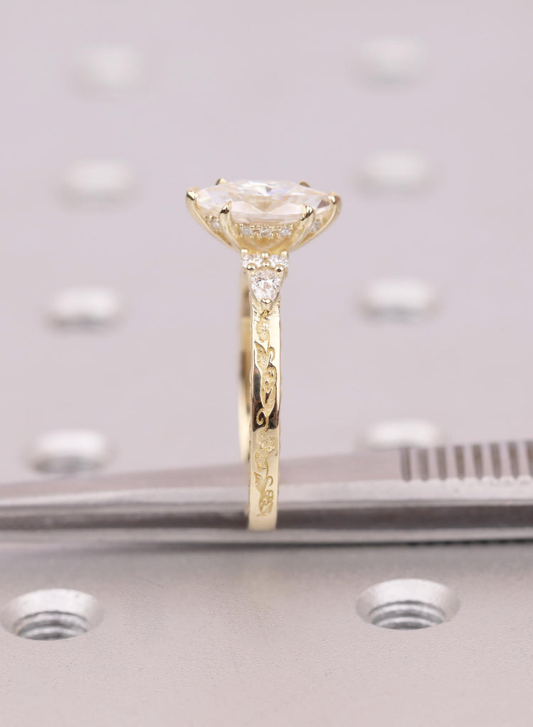 14k Gold Marquise Moissanite Engagement Ring, Hidden Halo, Vine Engraved Band image #13