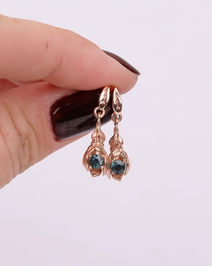 Teal Sapphire Earrings, 14k Rose Gold Dangle Earrings for Women, Hypoallergenic September Birthstone Earrings, Vintage Style Nature Jewelry image #13