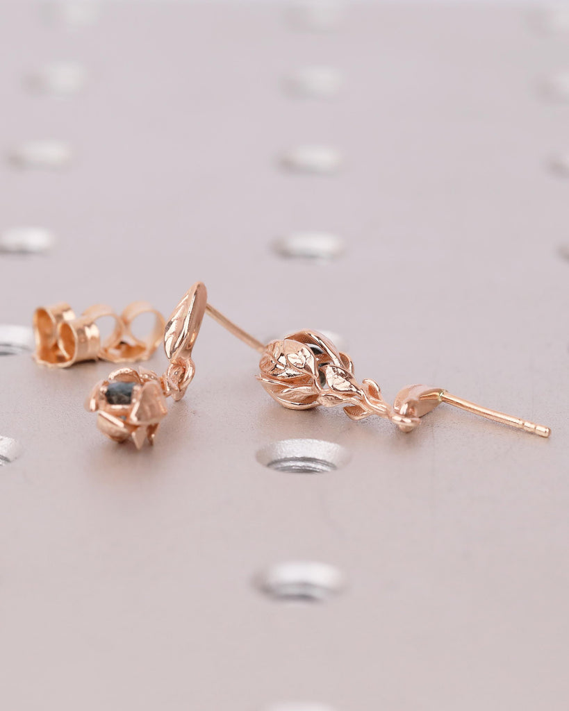 14k Rose Gold Nature Inspired Floral Earrings, Art Deco Peacock Sapphire Dangle Earrings image #7