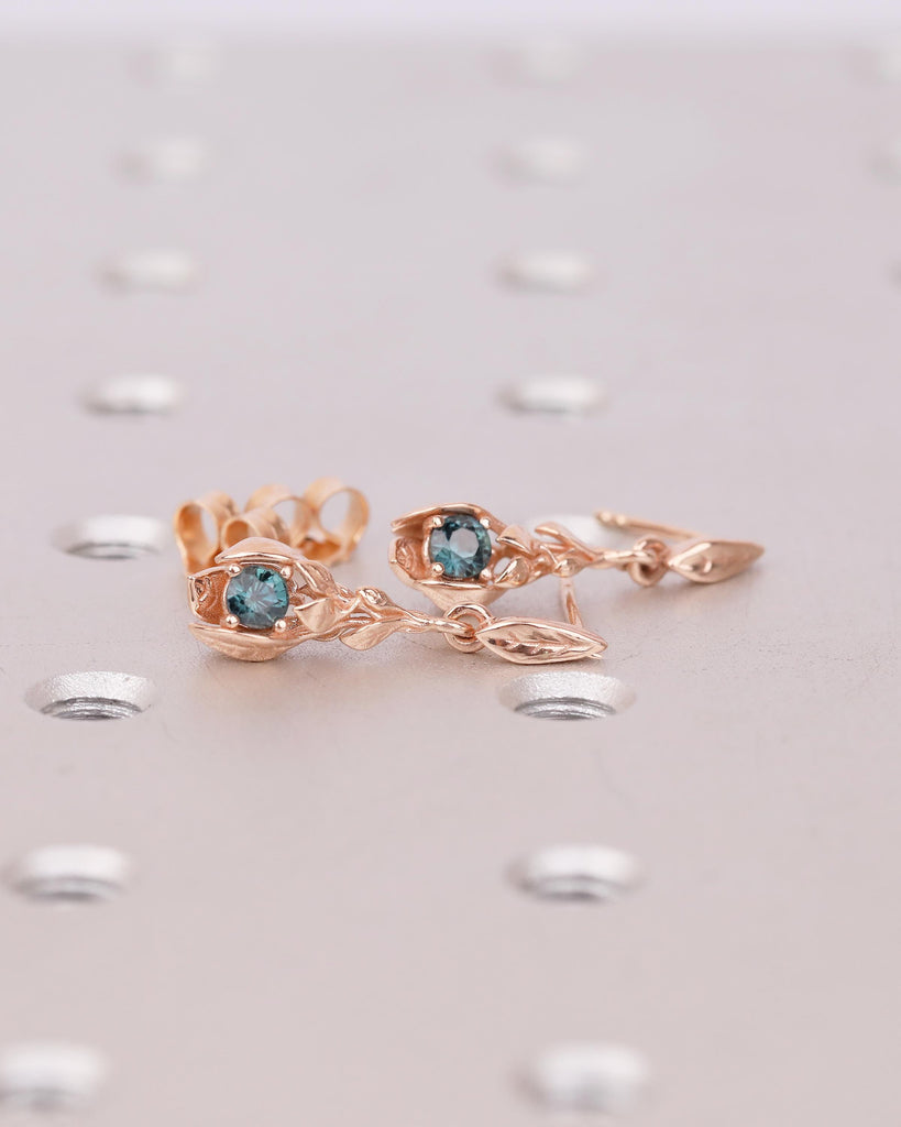 Teal Sapphire Earrings, 14k Rose Gold Dangle Earrings for Women, Hypoallergenic September Birthstone Earrings, Vintage Style Nature Jewelry image #3
