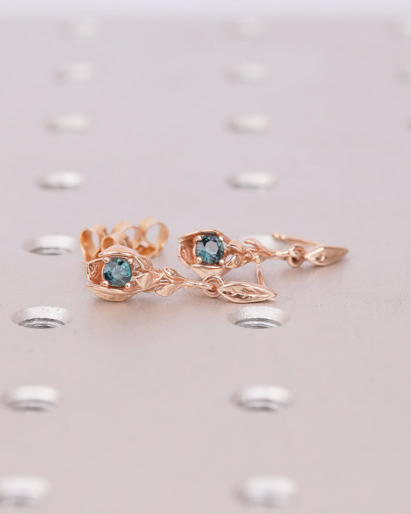 14k Rose Gold Nature Inspired Floral Earrings, Art Deco Peacock Sapphire Dangle Earrings image #3