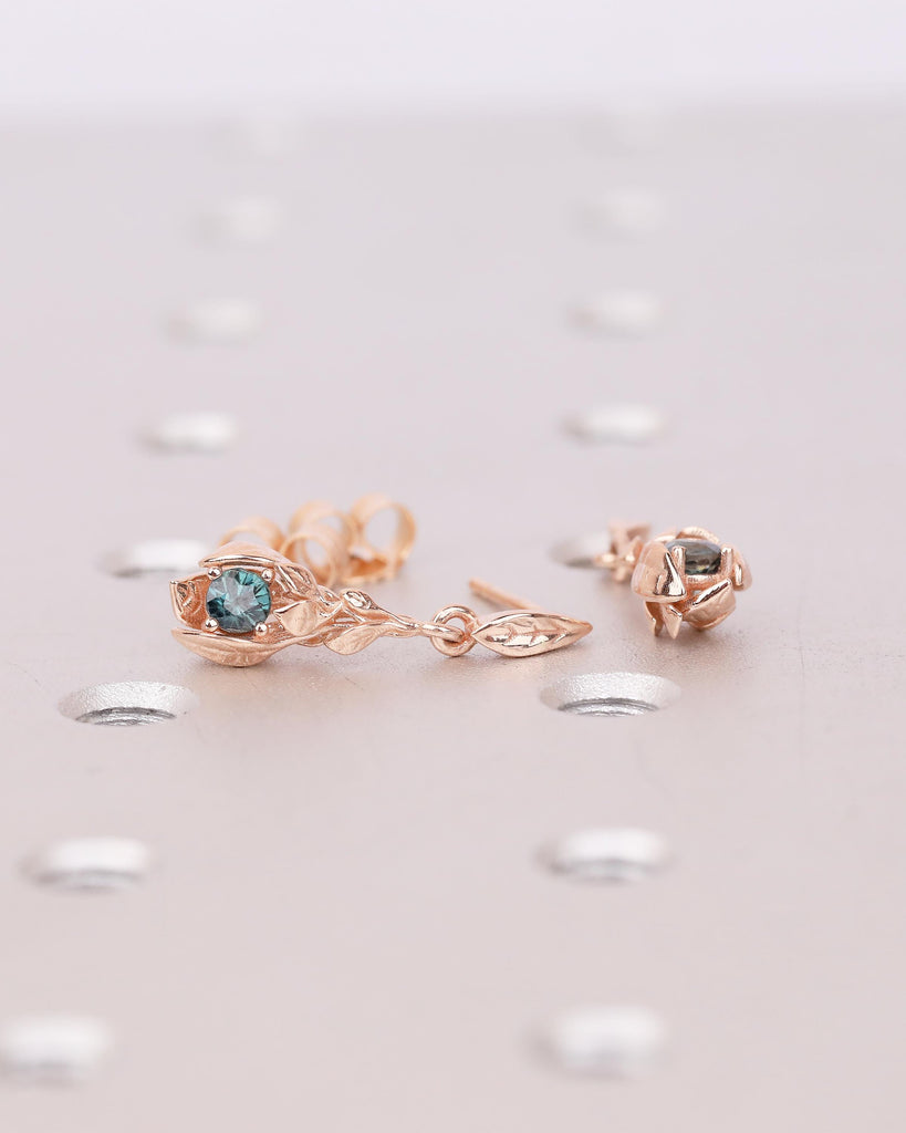 Teal Sapphire Earrings, 14k Rose Gold Dangle Earrings for Women, Hypoallergenic September Birthstone Earrings, Vintage Style Nature Jewelry image #19