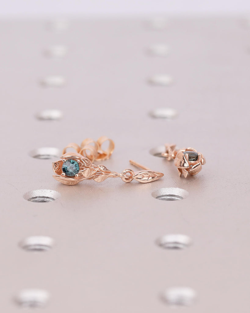Teal Sapphire Earrings, 14k Rose Gold Dangle Earrings for Women, Hypoallergenic September Birthstone Earrings, Vintage Style Nature Jewelry image #18