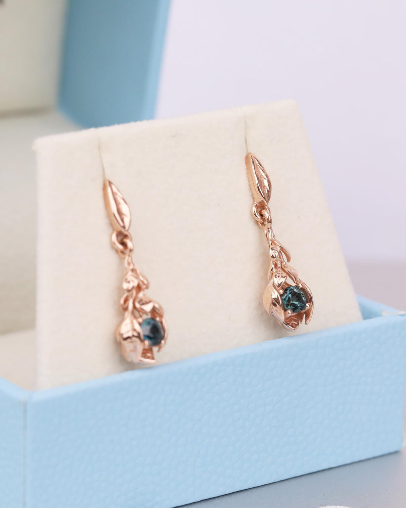 14k Rose Gold Nature Inspired Floral Earrings, Art Deco Peacock Sapphire Dangle Earrings image #8