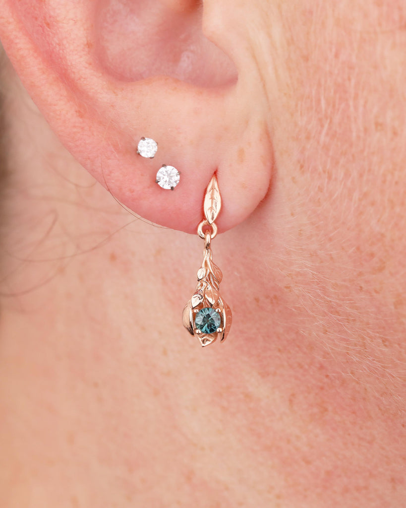 Teal Sapphire Earrings, 14k Rose Gold Dangle Earrings for Women, Hypoallergenic September Birthstone Earrings, Vintage Style Nature Jewelry image #6