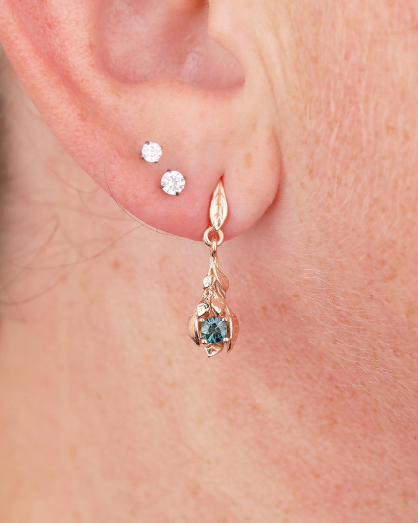 14k Rose Gold Nature Inspired Floral Earrings, Art Deco Peacock Sapphire Dangle Earrings image #6