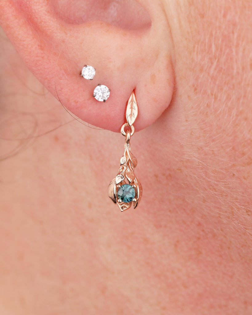 Teal Sapphire Earrings, 14k Rose Gold Dangle Earrings for Women, Hypoallergenic September Birthstone Earrings, Vintage Style Nature Jewelry image #11
