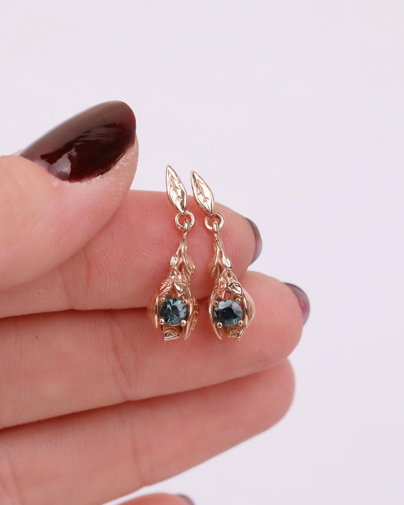 14k Rose Gold Nature Inspired Floral Earrings, Art Deco Peacock Sapphire Dangle Earrings image #4