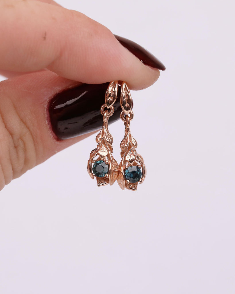 14k Rose Gold Nature Inspired Floral Earrings, Art Deco Peacock Sapphire Dangle Earrings image #1