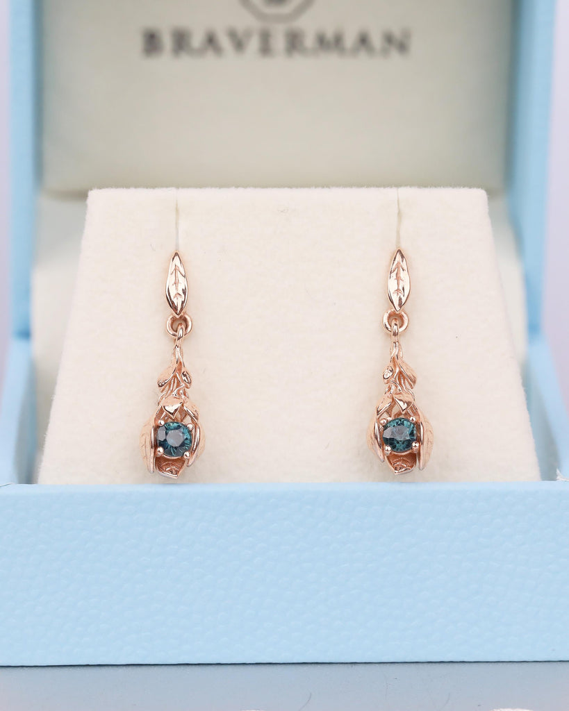 14k Rose Gold Nature Inspired Floral Earrings, Art Deco Peacock Sapphire Dangle Earrings image #2