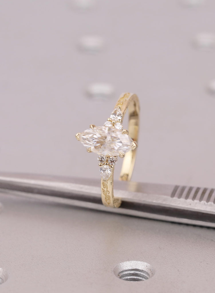 1ct Marquise Lab Diamond Engagement Ring, Vintage 14k Gold Promise Ring for Her, Art Deco Statement Rings, Nature Inspired Bridal Jewelry image #8